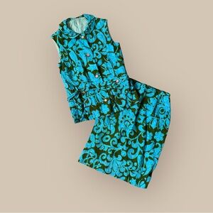 Vintage Turquoise Floral Two-Piece Set - Sleeveless Top & Skirt